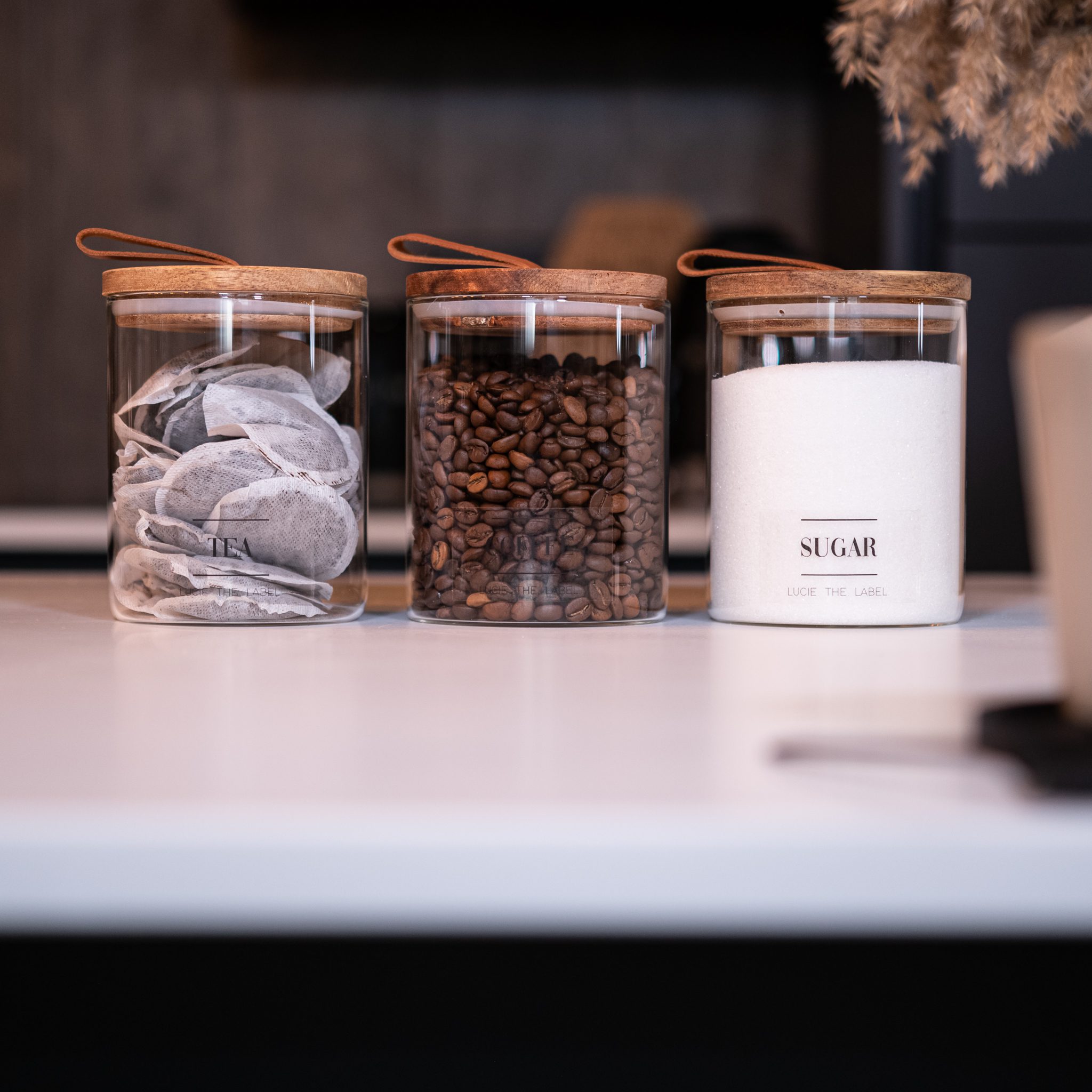 Tea Coffee Sugar Glass Jars with Pull Tab 750ml Lucie the Label